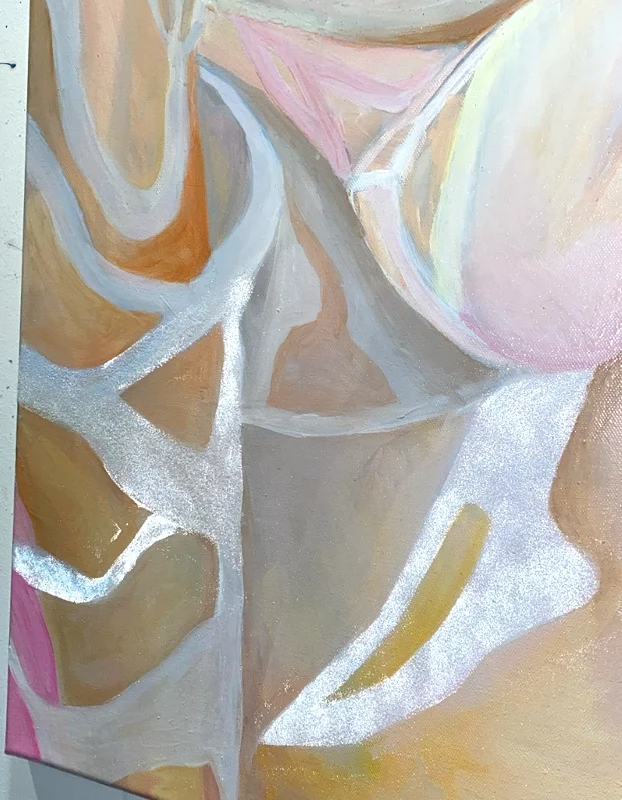 Swords in reverse, 2023, Oil and glitter on canvas, 80x60 cm, Nora Neagoe closeup